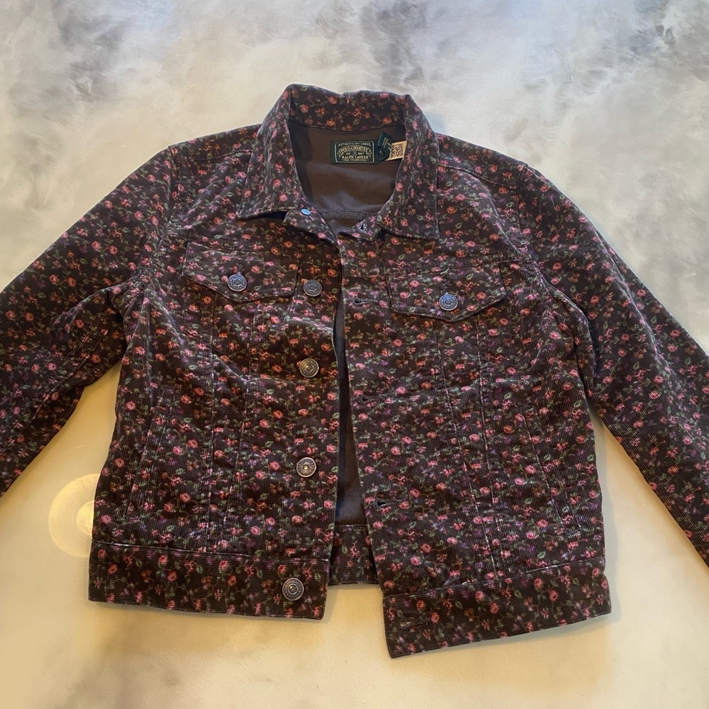 Ralph Lauren Girls Corduroy Brown and Pink Floral Trucker Jacket